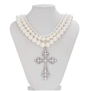 White Cross Pendant Multi-Layered Pearl Necklace – 3 Detachable High-Quality Strands