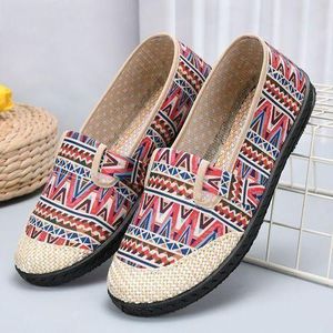 SHJO Casual Shoes Women Breathable Daily Walking Travel Shopping Synthetic Canvas Non-slip Soft Sole Ethnic Print Slip On Loafers Red