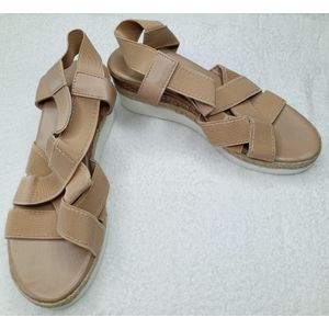 Ladies Light Brown Criss-Cross Espadrille Wedge Sandals – Elastic Slingback – Size 42