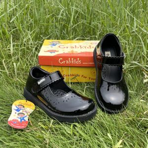 Crabkids for Girls School Shoes Black Wetlook – Durable Uniform Leather Shoes Size 25–42