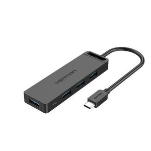 Vention Type-C to 4-Port USB 3.0 Hub with Power Supply 0.5M, Black, ABS Type – USB-C Multi-Port Adapter with 4× USB 3.0 High-Speed Data Transfer & External Power Support