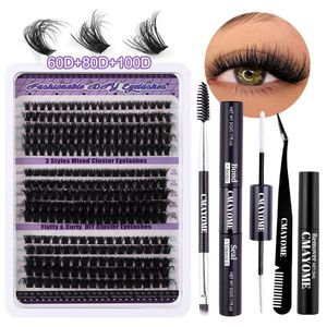 DIY segmented  purple eyelashes false eyelashes 100D large capacity D curve messy dense curled simulated eyelashes DIY-SET-236 + Black double head glue + makeup brush + makeup remover + forceps