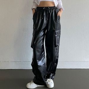 Fashion (Black 2)Women Faux Leather Cargo Pants Jogger Thick Tummy