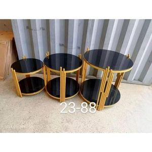 3 in 1 Round stainless steel glass tempered coffee tea table set and end table
