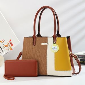 Xuanli Lisa Vibrant Tri-Color Patchwork Tote Bag with Matching Wristlet - Camel, Cream & Mustard Yellow