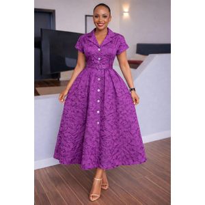 Elegant Purple Button-Front Midi Dress with Belt