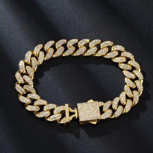 HipHop Men Women 13MM Prong Cuban Link Chain Bracelet Bling Iced Out 2 Row Rhinestone Paved Miami Rhombus Cuban Chain Jewelry Gold 20cm