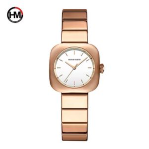Hannah Martin HM-Series Luxury Women’s Square Watch Polished Rose Gold Case with Minimalist White Dial Premium Solid Link Bracelet Elegant Fashion Timepiece