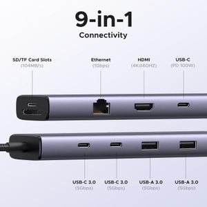 Ugreen CM498 9-in-1 USB-C Hub – 4K HDMI, VGA, USB 3.0, Gigabit Ethernet, SD/TF Card Reader & 100W Power Delivery Multiport Adapter for MacBook, Windows & USB-C Devices