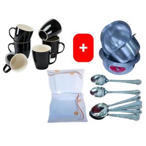 Sundabest Beautiful Black  Ceramic Coffee/Tea Mug / Cups 6pc Set + FREE 4PCS Stainless Aluminum Sufuria Set, 12pc Table Spoons & 6pc Melamine Dinner Plates