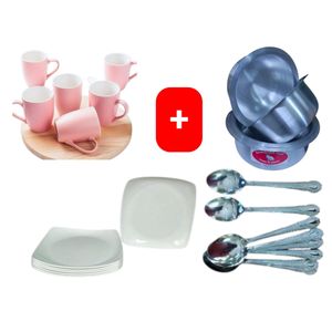 Sundabest  Beautiful Classic Pink Ceramic Coffee/Tea Mug / Cups 6pc Set + FREE 4PCS Stainless Aluminum Sufuria Set, 12pc Table Spoons & 6pc Melamine Dinner Plates
