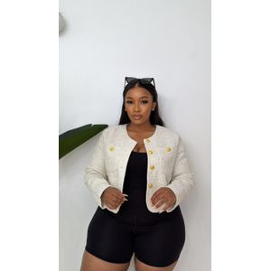 White Kelly Amaze Long Sleeved Tweed Blazer Jacket Styled with gold buttons.