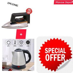 IPCONE Compact design Non-stick sole plate Over heating protection Temperature control Easy to use Iron Box is 1000w while the kettle is 1500w What’s in the box Electric Iron Box Electric kettle user manual