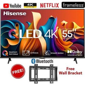 Hisense 55" INCH 4K QLED SMART TV,DOLBY VISION,BLUETOOTH-ENABLED-FRAMELESS, MODEL 2025-(2-YEAR WARRANTY)+FREE WALL BRACKET