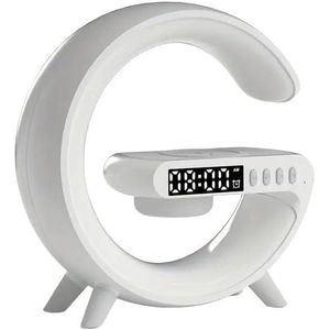 Multi-Function G Shape Bluetooth Speaker with Digital Alarm Clock, Wireless Charger, FM Radio, LED Night Light, and Dual Speakers