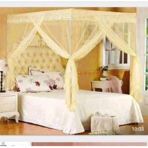 Cream 4*6 4 Stand Mosquito Net  Free 2 Comfortable Bed Pillows – Strong Mesh – Easy Install  Assorted colors Pillow color may vary