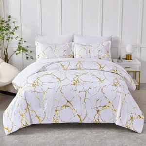White Marble Printed 3 Piece Luxury Microfiber Down Comforter Quilt Cover with Zipper Closure, Soft Hypoallergenic Bedding Set for All Seasons, Easy Care, Durable, Wrinkle-Resistant, Modern Home Decor