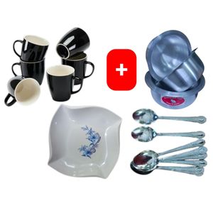 Sundabest  Beautiful Classic Black Ceramic Coffee/Tea Mug / Cups 6pc Set + FREE 4PCS Stainless Aluminum Sufuria Set, 12pc Table Spoons & 6pc Melamine Dinner Plates