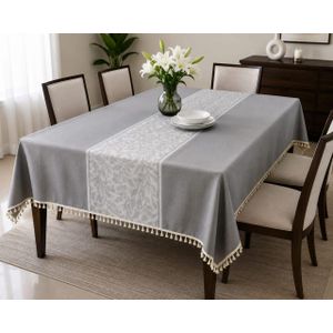 Elegant Jacquard Floral Center Stripe Tablecloth with Tassel Fringe - 140x220cm