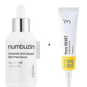 Numbuzin Glycolic Acid Ceramide AHA Glazed Skin Prep Serum + N0. 3+ Pore Reset Ampoule Shot With Niacinamide & Retinol. Moisturizes, Brightens, Fades Pigmentations, Dark Spots, Minimizes Pores, Glows, Unclogs Pore, Exfoliates, Stimulate collagen production