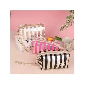 Striped Cosmetic Makeup Bag With Wristlet - Travel Organizer Pouch