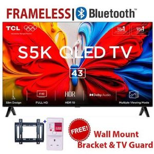 TCL 43S5K 43" Inch Smart ANDROID QLED Google FHD TV Bluetooth ENABLED Television Netflix Youtube Google Appstore Inbuilt WIFI Connectivity, Inbuilt Decoder DOLBY AUDIO HDR10 NETFLIX YOUTUBE ICAST SCREEN-BLACK, 1 YEAR WARRANTY+ FREE WALL BRACKET + TV GUARD
