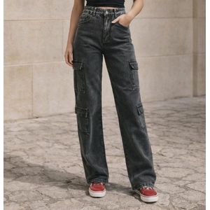 High-Waist Washed Charcoal Cargo Jeans Trouser 