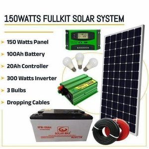 Sunnypex 150 Watts Solar Panel Special All Weather Fullkit + 100AH Battery + 300Watts Solar Inverter + 20 Ah Charge Controller+3 bulbs + dropping cables