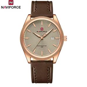 Naviforce Men's Leather slim watch with calendar and 30M water resistance
