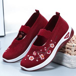 SHJO Sneakers Women Casual Synthetic Fabric Breathable Floral Embroidery Lightweight Fashion Shoes - Red