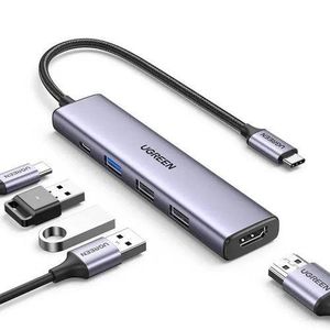 Ugreen CM478 5-In-1 USB-C Docking Station HDMI 4K@30Hz USB 3.0 Dual USB 2.0 USB-C PD 100W Multiport Hub Gray For Laptop, MacBook & Tablet