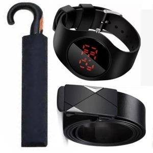 Portable Foldable Umbrella With One-Touch Opening Switch With Curved Smooth Handle + GIFTS WRIST WATCH & OFFICIAL LEATHER BELT // BUCKLE BELT FOR MEN 