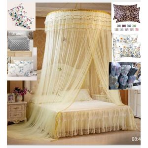 CREAM Luxury FREE SIZE Queen Size Round Mosquito Net With Free Bed Pillow RANDOM PRINTS
