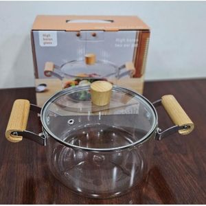 Premium Glass Cooking Pot 2.5L – Borosilicate Heat Resistant with Wooden Handles