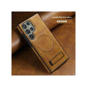 Samsung Mocome Premium PU Leather MagSafe Case with Kickstand for Galaxy S24 Ultra – Strong N52 Magnetic Wireless Charging Cover, Shockproof Anti-Slip Protective Phone Case (Brown)