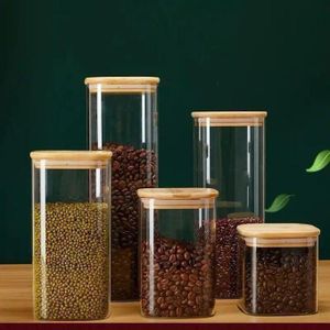 Square Bamboo Lid 6 Glass Jars Set 2000ML,1600ML,1100ML,800ml,500ML,250ML