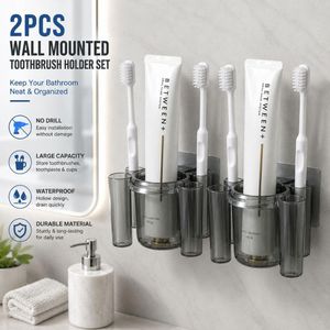 2PCS Wall Mounted Toothbrush Holder Set, No-Drill Bathroom Organizer with Toothpaste Storage and Rinse Cups, Gray
