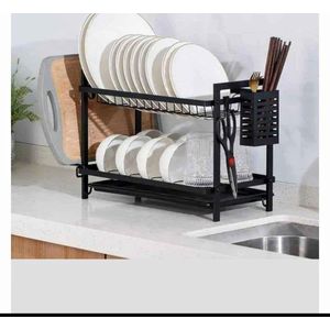 Kitchen 2 Tier Dish Rack with Drain Board Cutlery Holder Rust Resistant Space Saving Dish Drying Organizer for Plates Bowls Cups Utensils Ideal for Home Kitchen Countertop Storage Solution