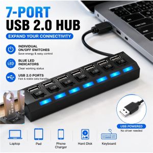 7-Port USB 2.0 Hub with Individual Switches & LED Lights, Multi-Port USB Expander, Black