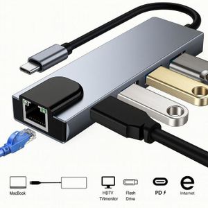 Cys 5-in-1 to HDTV RJ45 USB3.0 PD Type-C HUB Adapter Dock for Mac Windows PC RA. 5 in one Type C Docking Station, Featuring a USB C Hub with RJ45 And PD Ports.