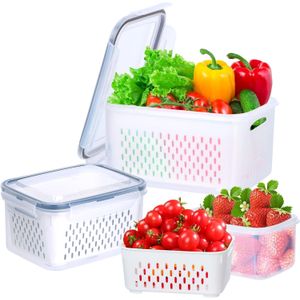 3 in 1Fruit Vegetable Storage Containers for Fridge - Produce Saver Containers Refrigerator Organizer Bins, Plastic Produce Keepers with Lid