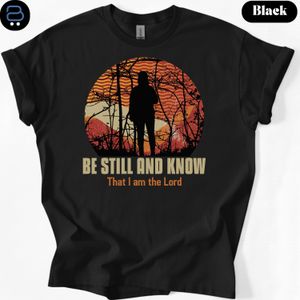 Cotton Be Still and Know I Am God T-Shirt – Retro Forest Silhouette Faith-BLACK