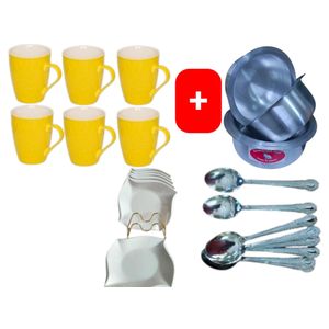 Sundabest Beautiful Classic Yellow Ceramic Coffee/Tea Mug / Cups 6pc Set + FREE 4PCS Stainless Aluminum Sufuria Set, 12pc Table Spoons & 6pc Melamine Dinner Plates