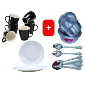 Sundabest  Beautiful Classic Black Ceramic Coffee/Tea Mug / Cups 6pc Set + FREE 4PCS Stainless Aluminum Sufuria Set, 12pc Table Spoons & 6pc Melamine Dinner Plates