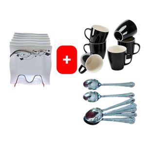 Melamine Square Dinner Plates – 6PCS Set with FREE Coffee/Tea Cup Mugs & 12PCS Table Spoons