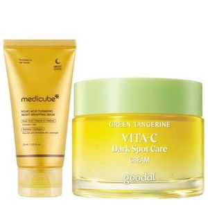 Goodal  Vita C Dark Spot Care Cream + Kojic Acid Turmeric Overnight Wrapping Mask with Collagen. Firms, Removes Dark Spots, Blemishes, Wrinkles, Fine Lines, Dullness, Evens The Skin Tone, Moisturizes, Brightens, Restore Youthfullness, Smooth & Give a glass Glows