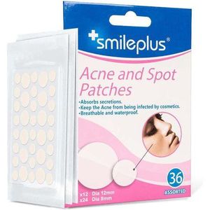 Smileplus Pack of 36 Smile Plus Acne & Spot Patches - Anti-Pimple Treatment - Translucent Hydrocolloid Stickers Patch for Face and Body - Fast-Acting, Vegan & Cruelty Free Skin Care