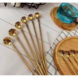 Stainless Steel Long Stirring Straw Spoon Set, Set Of 6 +Brush