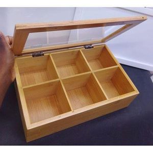Wooden Tea Box with 6 Compartments Glass Lid Storage Organizer