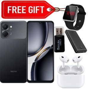Tecno Pop 20 ,6.75 inch display, Up to 8GB RAM + 64GB storage, 5000mAh Battery (1 YEAR WARRANTY) black + Led Watch+ Card reader + Power bank & Earpods